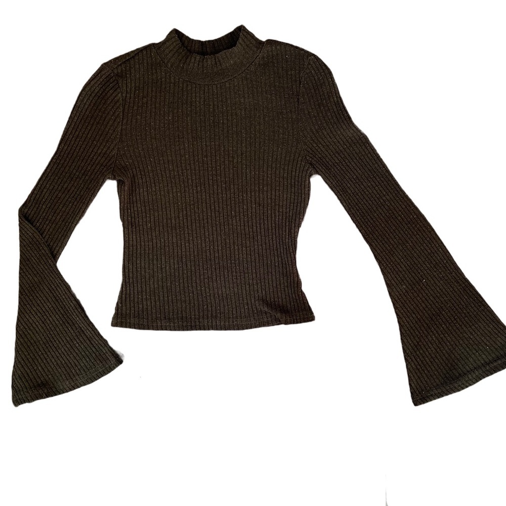SHEIN GREEN RIBBED KNIT LONG BELL SLEEVE FITTED CROPPED TOP WITH MOCKNECK XS